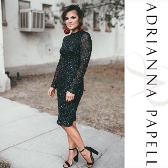 Adrianna Papell sequins long sleeves mock neck sheath Dress - Picture 3 of 11